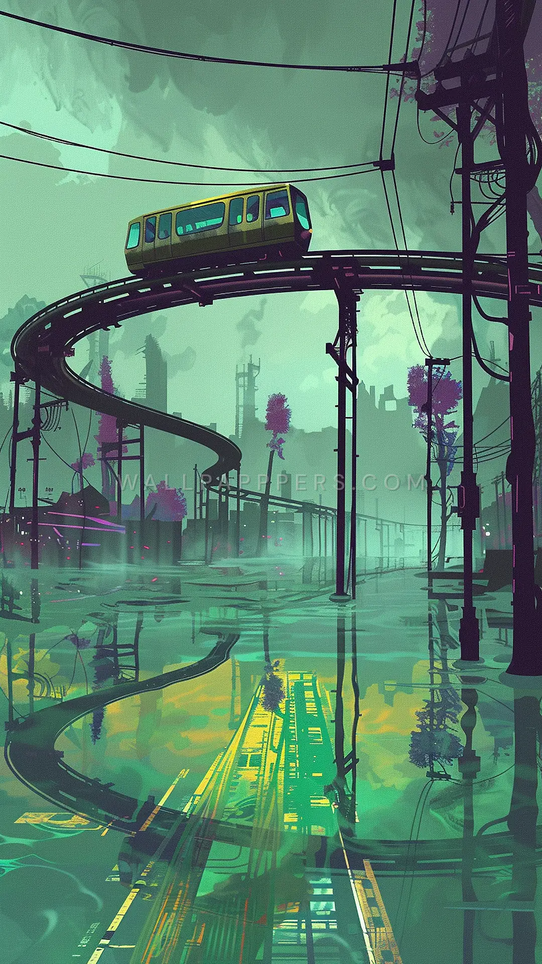 Monorail Above Flooded Intersection, AI-generated fantasy phone wallpaper