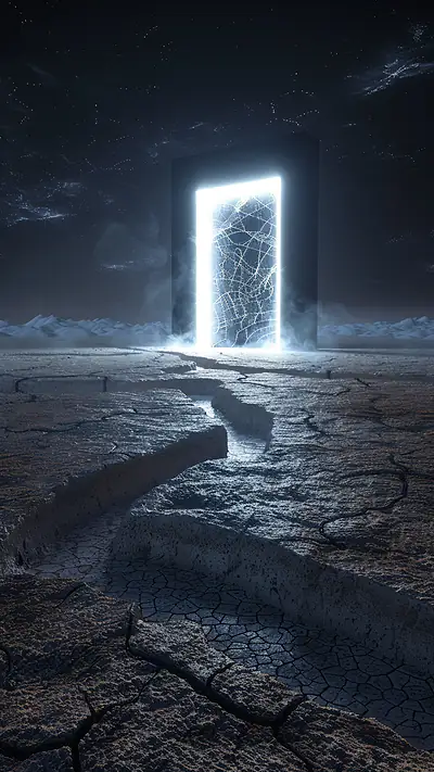 Solitary Doorway in Wasteland, AI-generated surreal phone wallpaper