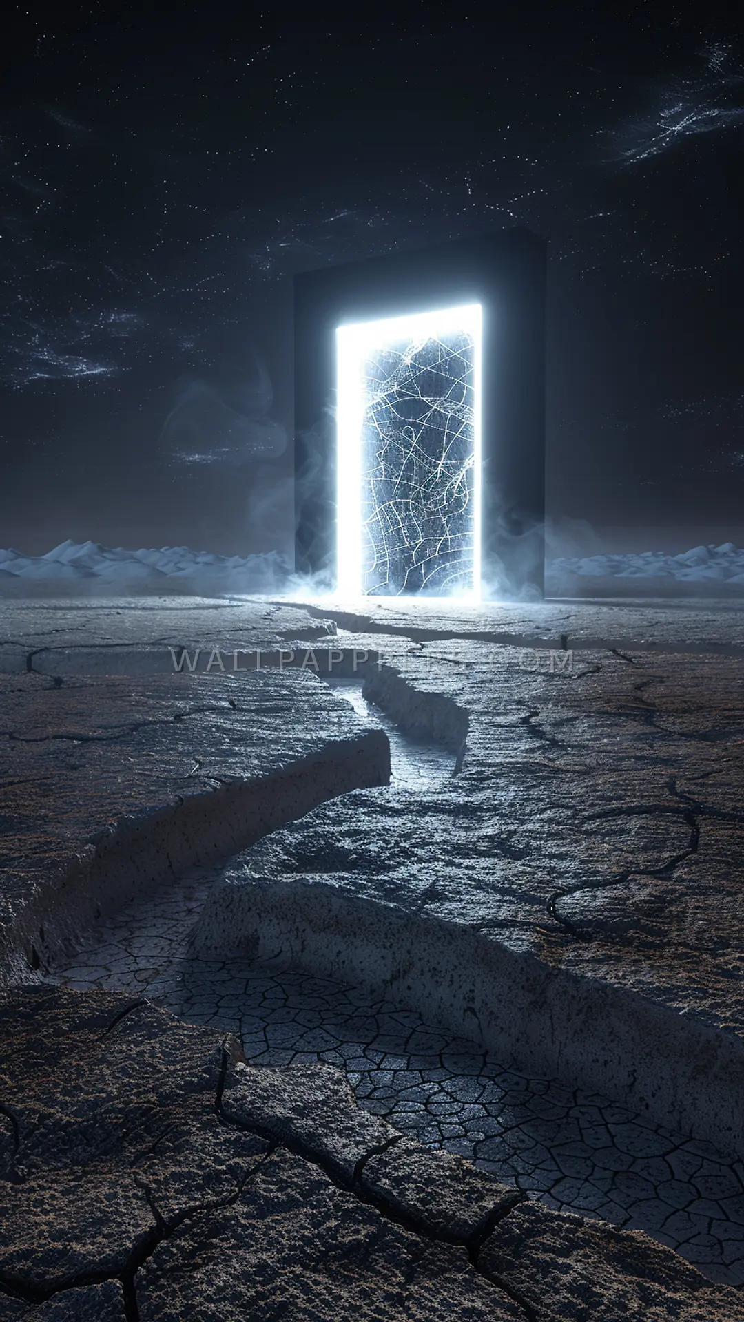 Solitary Doorway in Wasteland, AI-generated surreal phone wallpaper