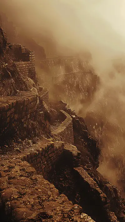 Ancient Terrace Wall in Fog, AI-generated ruins phone wallpaper