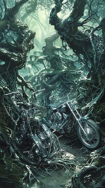 Mystical Motorcycle Repair Bay, AI-generated fantasy phone wallpaper