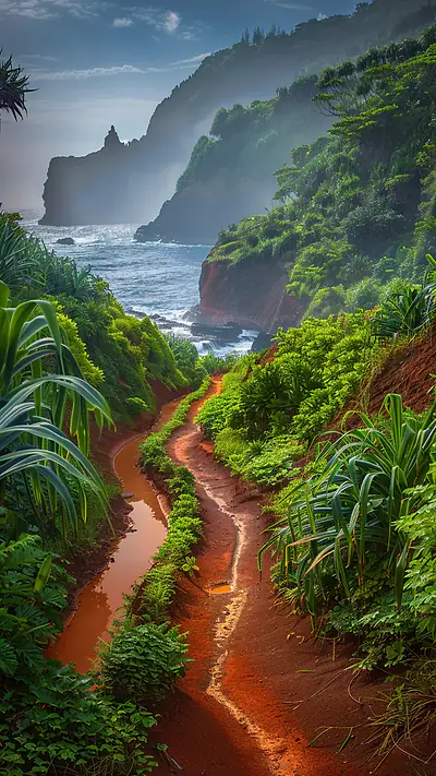 Tropical Coastline Pathway, AI-generated nature phone wallpaper