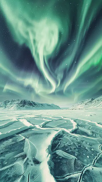 Aurora Over Icelandic Landscape, AI-generated aurora phone wallpaper
