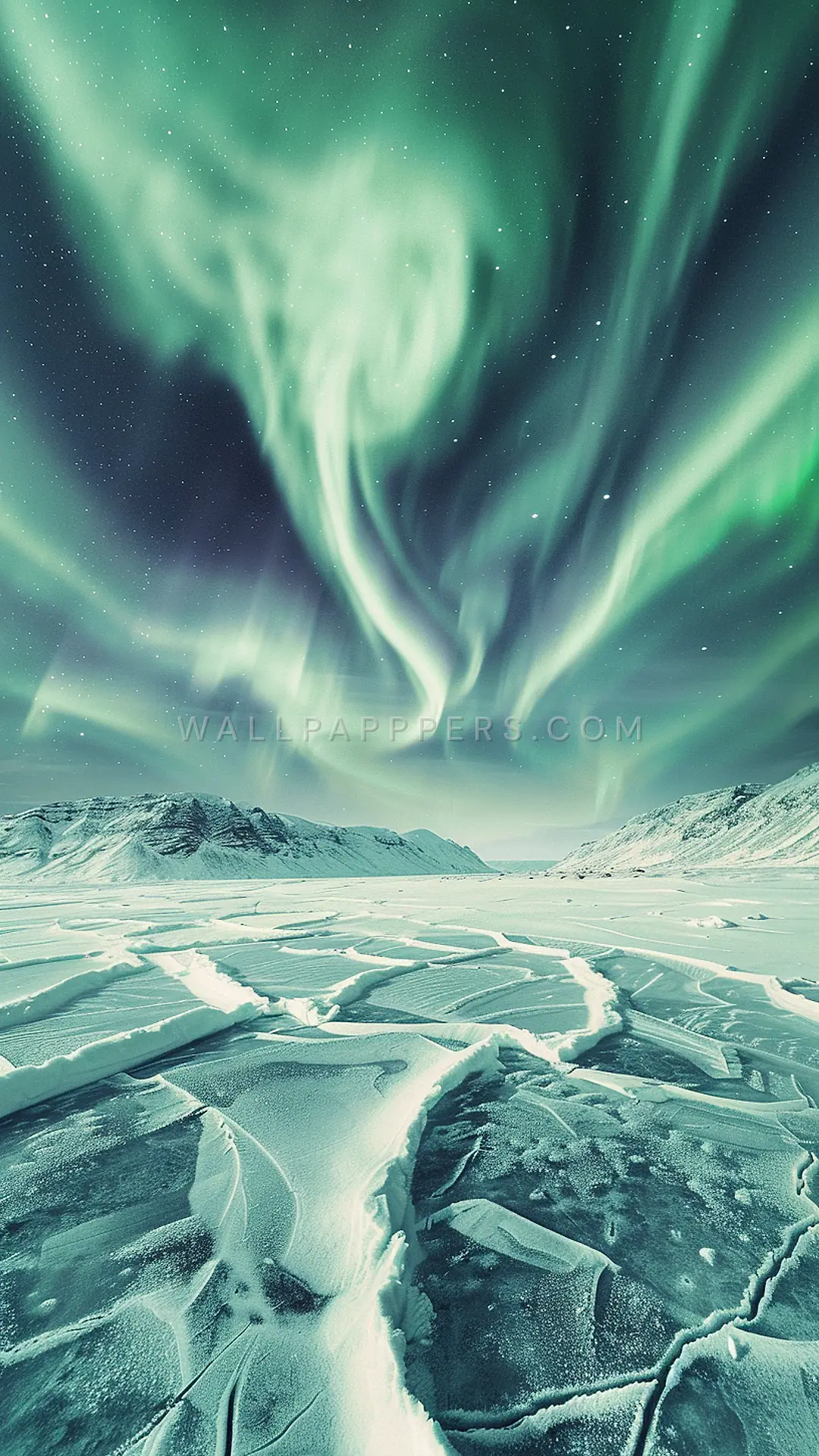 Aurora Over Icelandic Landscape, AI-generated aurora phone wallpaper