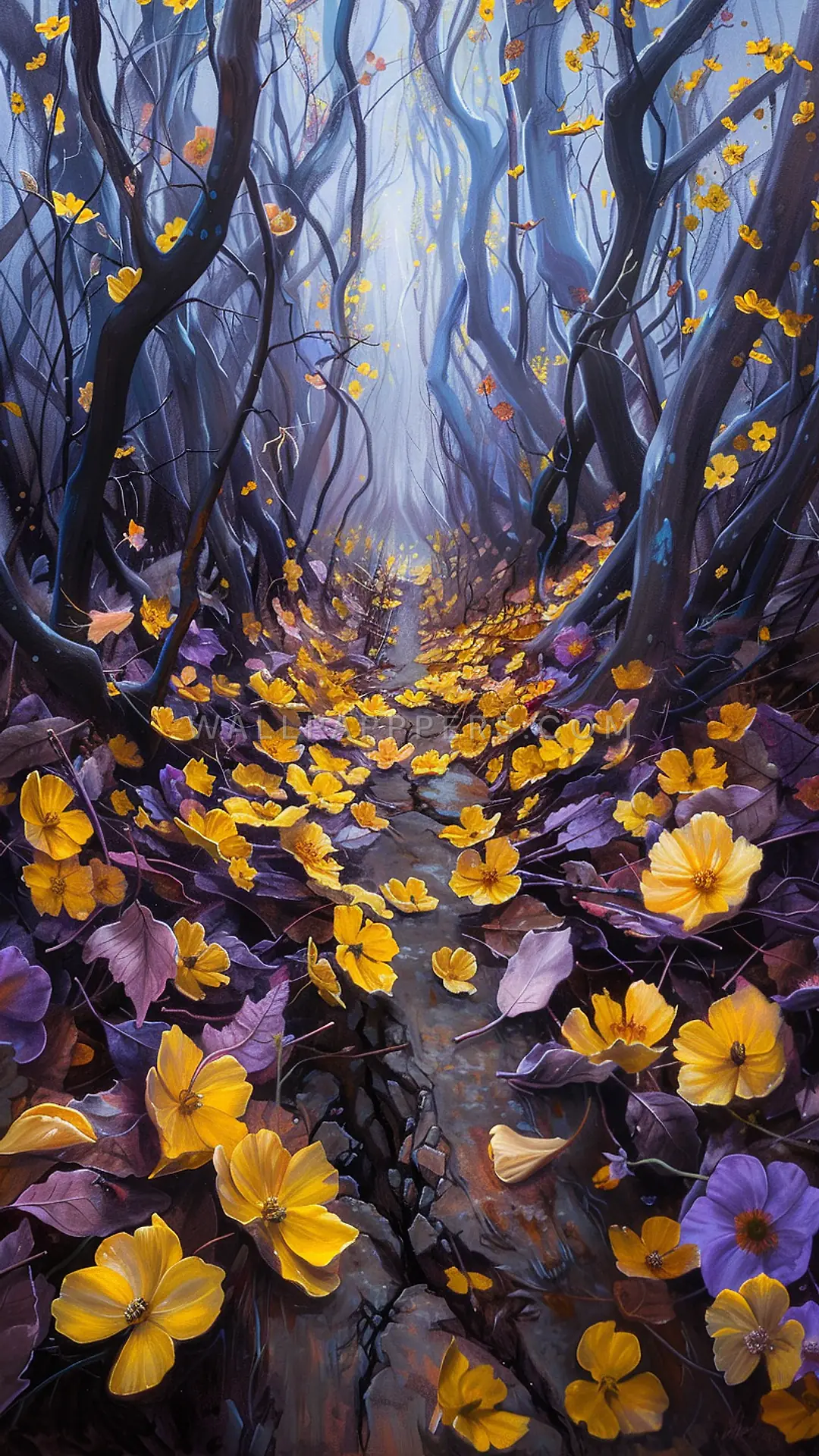 Path Through Enchanted Woods, AI-generated fantasy phone wallpaper