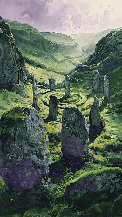 Ancient Standing Stones in Valley, AI-generated fantasy phone wallpaper
