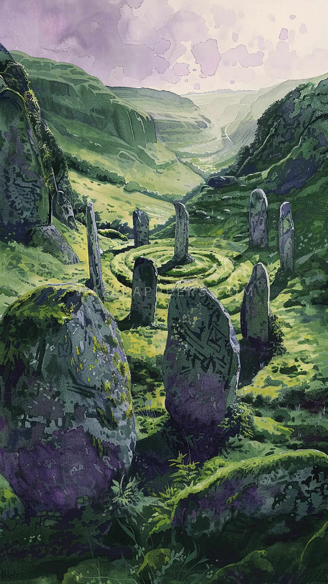 Ancient Standing Stones in Valley, AI-generated fantasy phone wallpaper