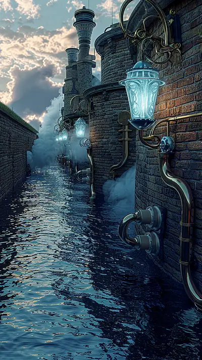 Steampunk Canal Scene, AI-generated steampunk phone wallpaper
