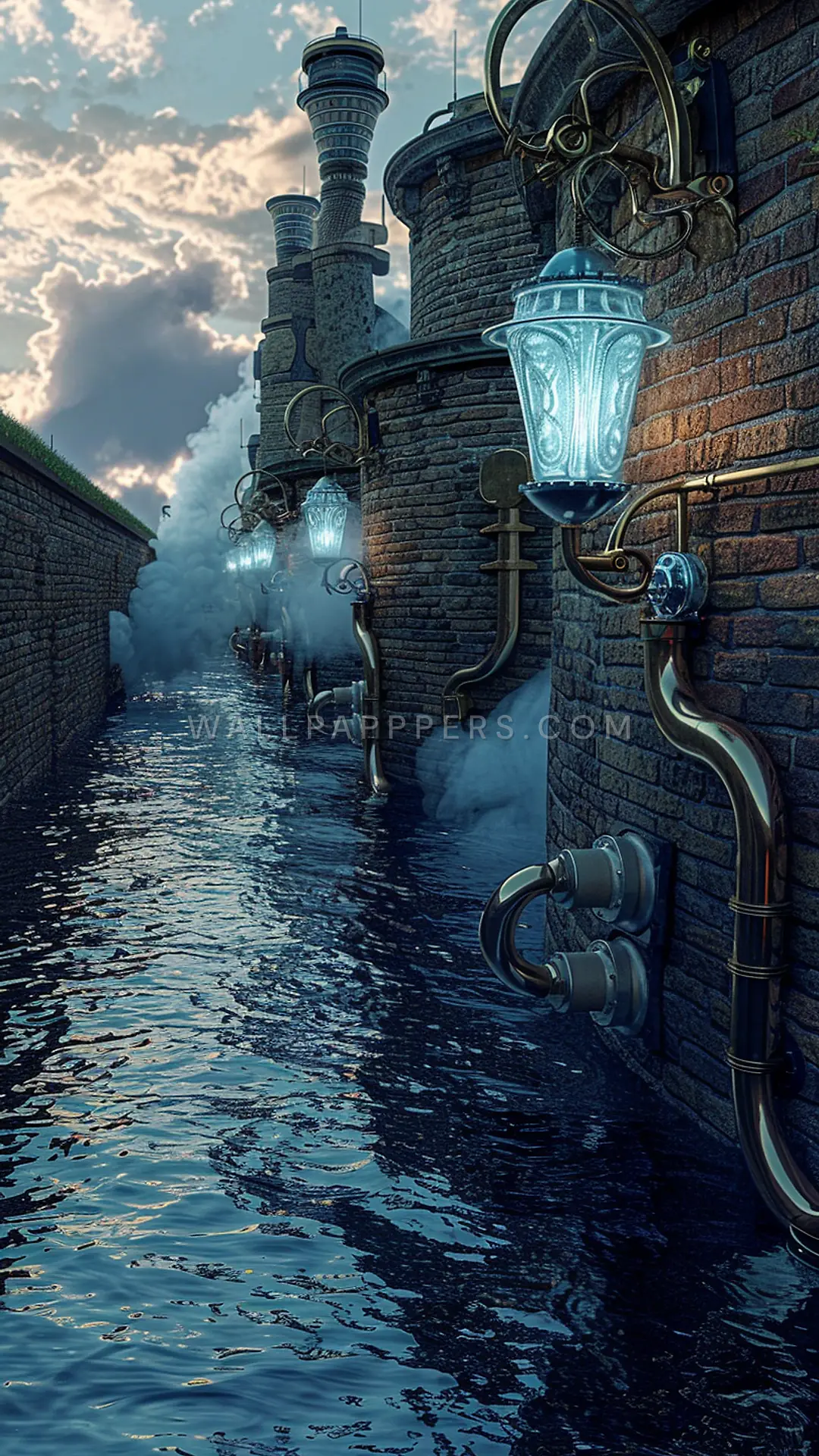 Steampunk Canal Scene, AI-generated steampunk phone wallpaper