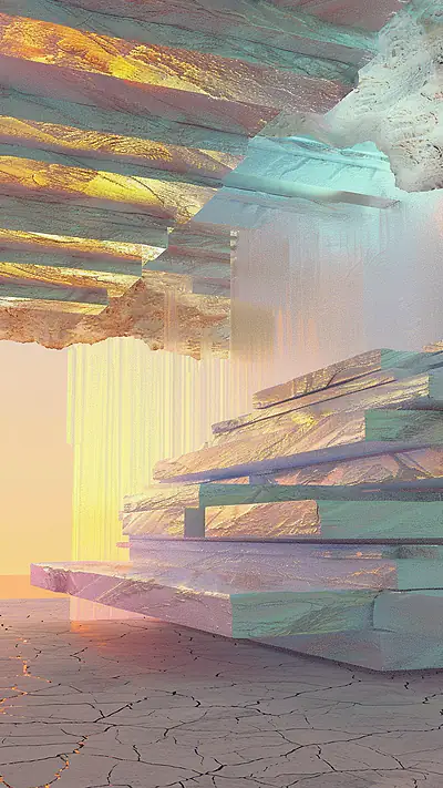 Shimmering Stone Landscape, AI-generated vaporwave phone wallpaper