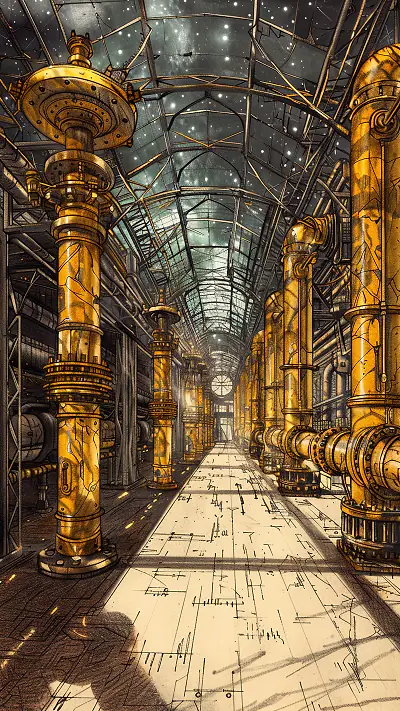 Pneumatic Exchange Hall, AI-generated steampunk phone wallpaper