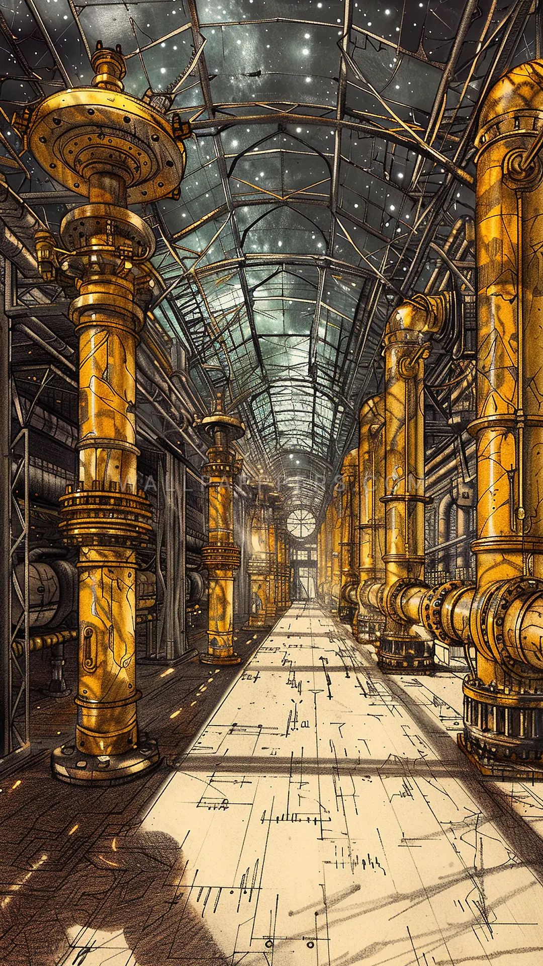 Pneumatic Exchange Hall, AI-generated steampunk phone wallpaper