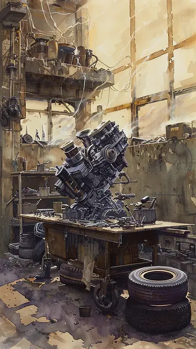 Motorbike Repair Stall, AI-generated mechanical phone wallpaper