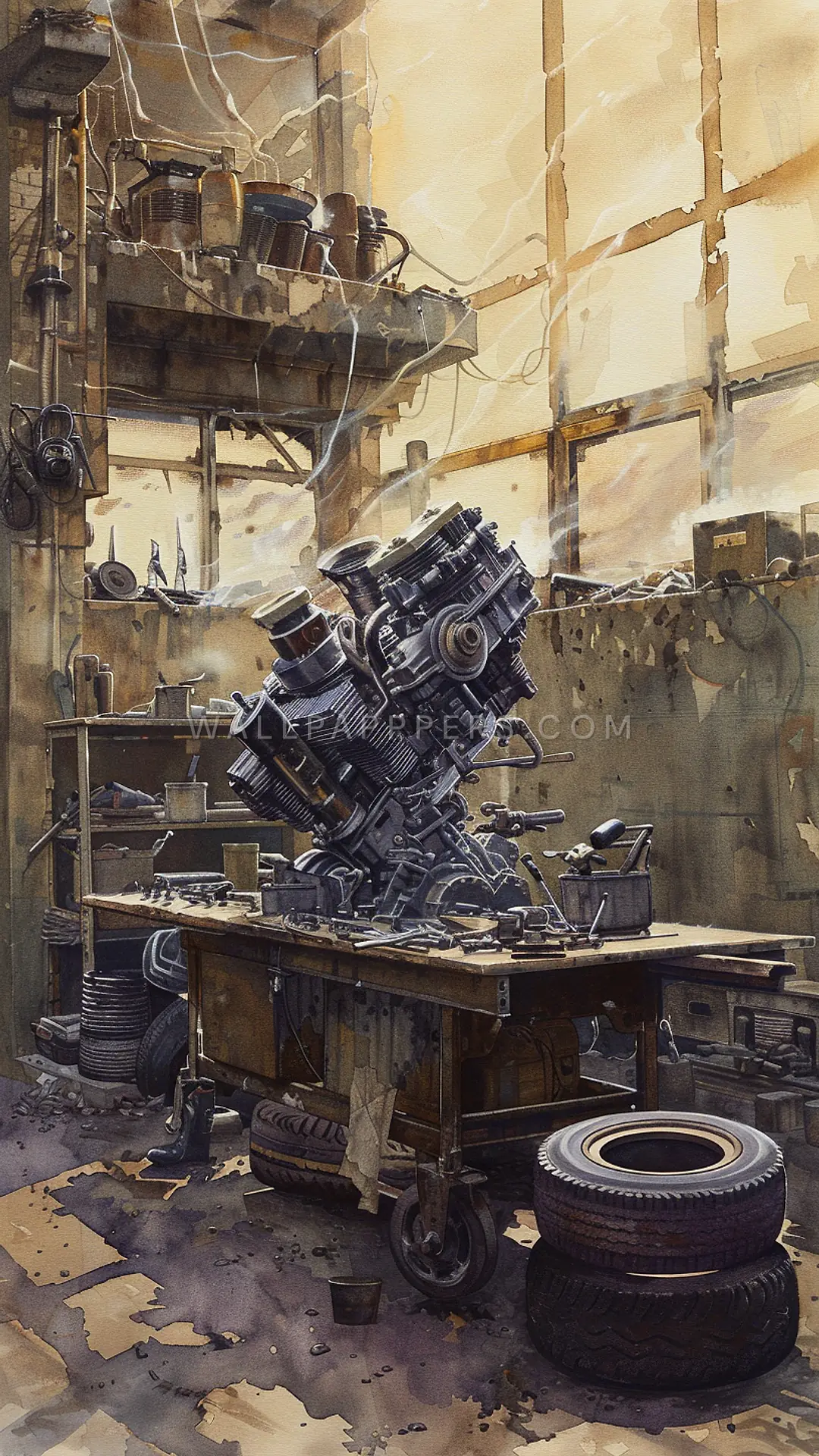 Motorbike Repair Stall, AI-generated mechanical phone wallpaper