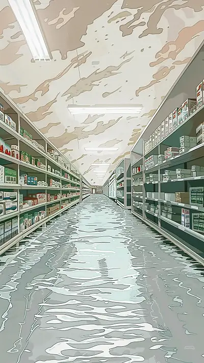 Empty Konbini Aisle, AI-generated retro phone wallpaper