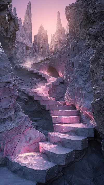 Winding Staircase in the Cliff, AI-generated fantasy phone wallpaper