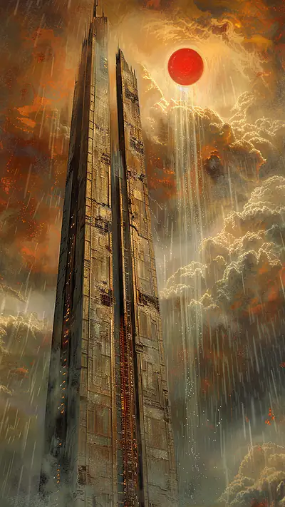Towering Data Spire, AI-generated cyberpunk phone wallpaper