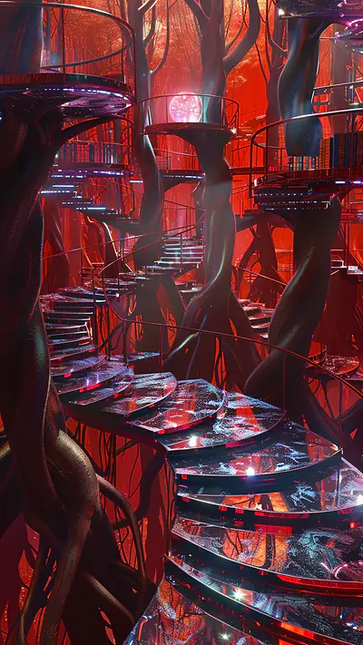 Library Among the Roots, AI-generated fantasy phone wallpaper