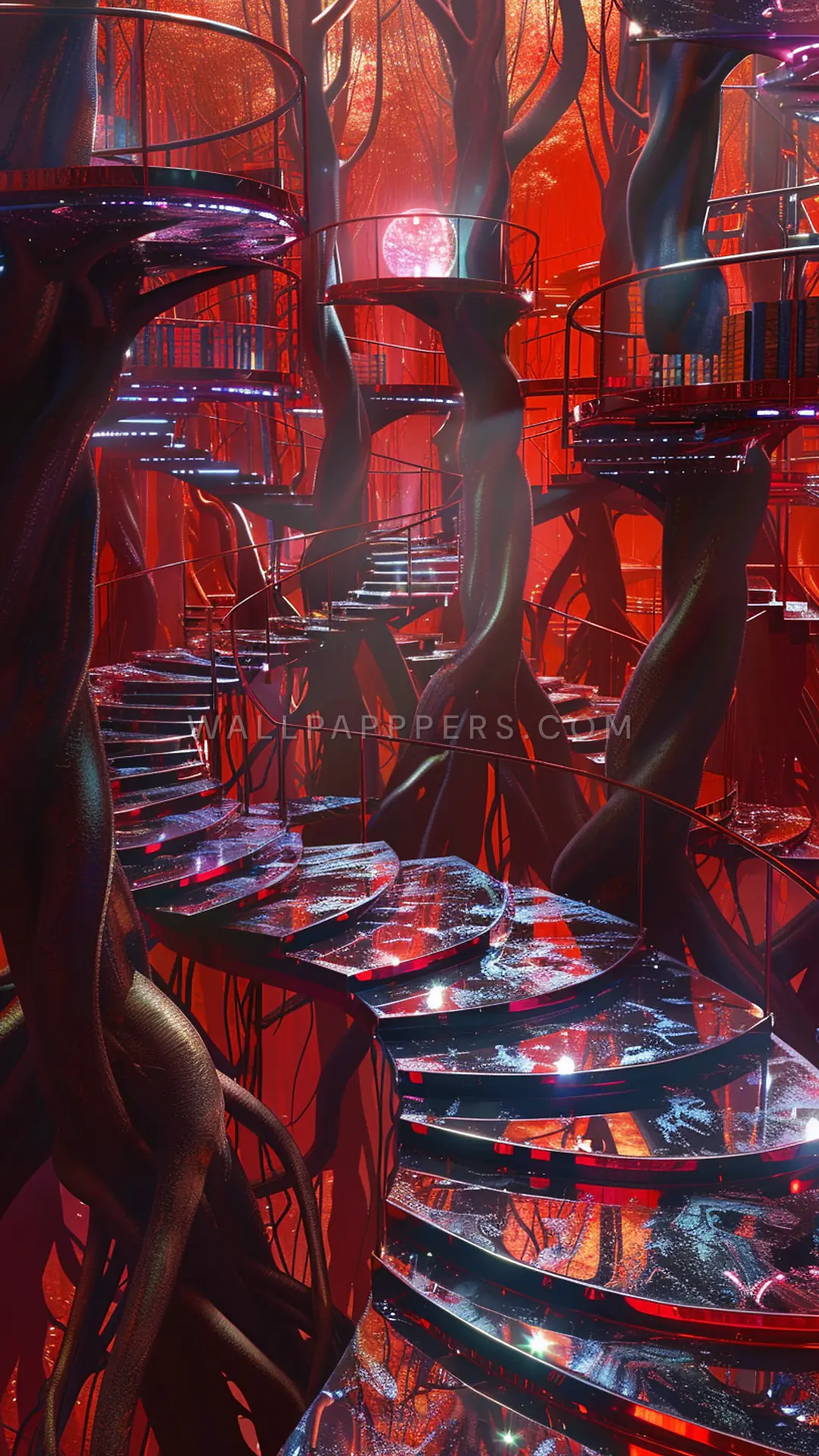 Library Among the Roots, AI-generated fantasy phone wallpaper