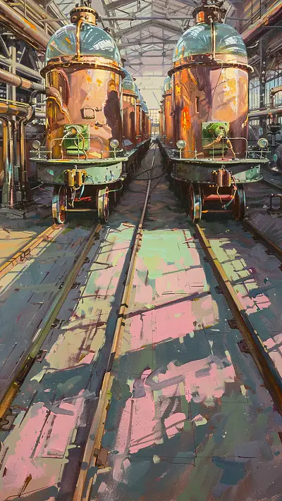 Steampunk Train Yard, AI-generated steampunk phone wallpaper