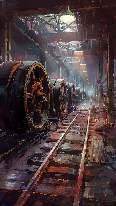 Iron Wheels in Tram Depot, AI-generated mechanical phone wallpaper
