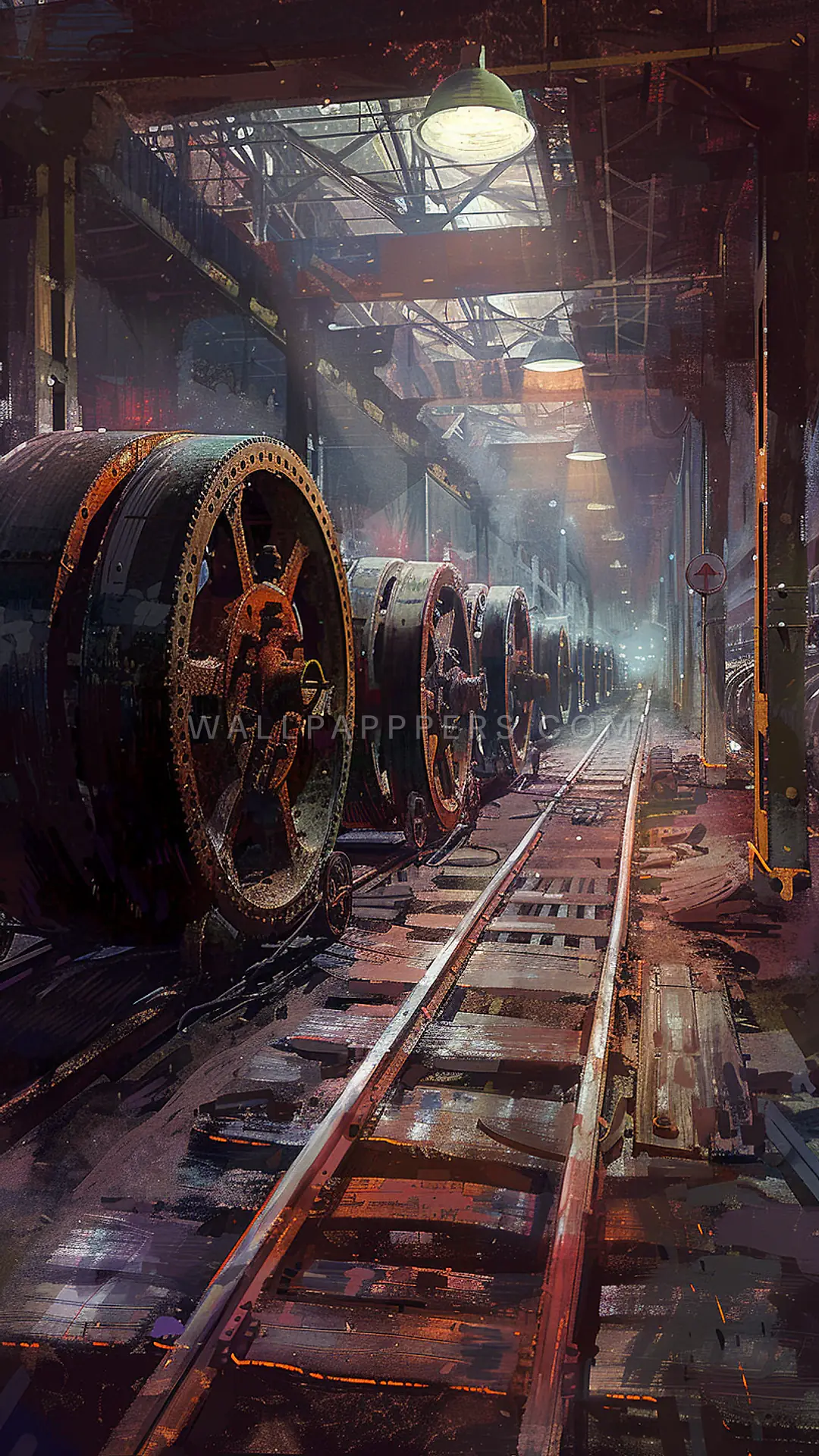 Iron Wheels in Tram Depot, AI-generated mechanical phone wallpaper