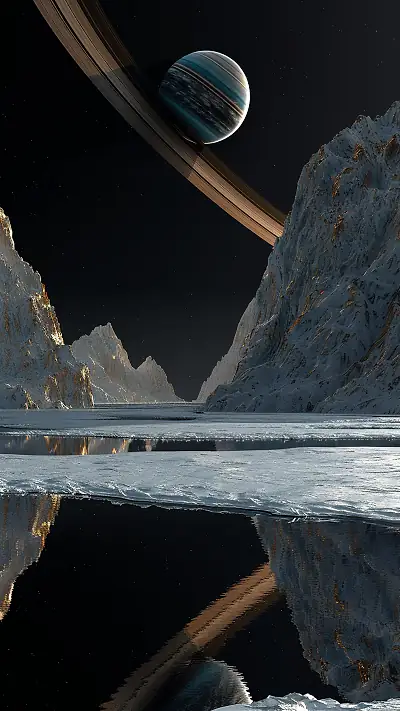 Jupiter Above Icy Mountains, AI-generated cosmic phone wallpaper