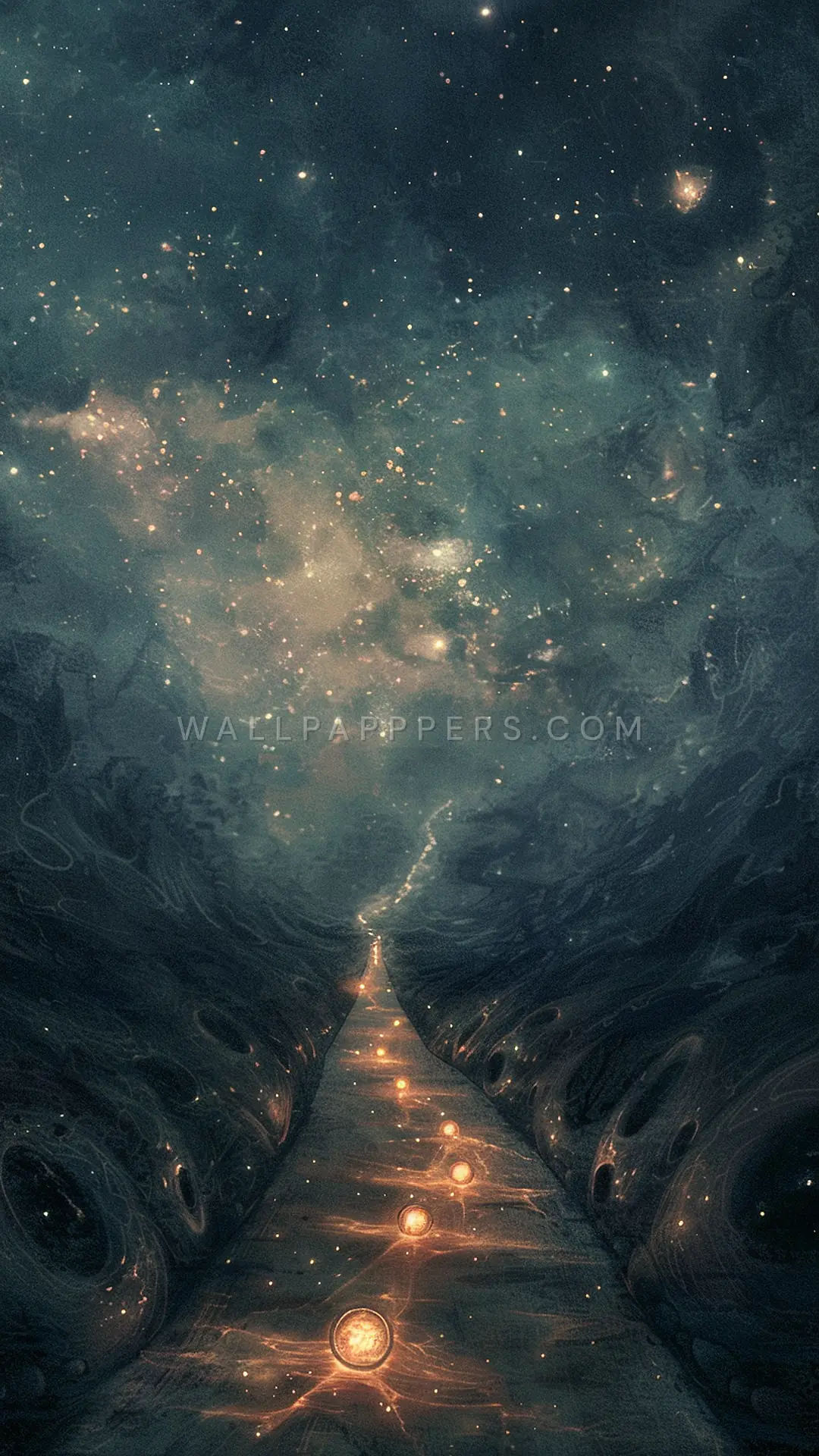 Glowing Vacuum Tubes in Cosmic Void, AI-generated cosmic phone wallpaper