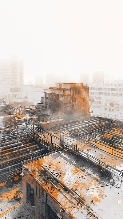 Rooftop Tea Factory View, AI-generated urban phone wallpaper