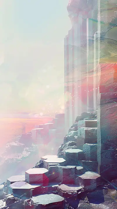 Stacked Basalt Columns, AI-generated vaporwave phone wallpaper