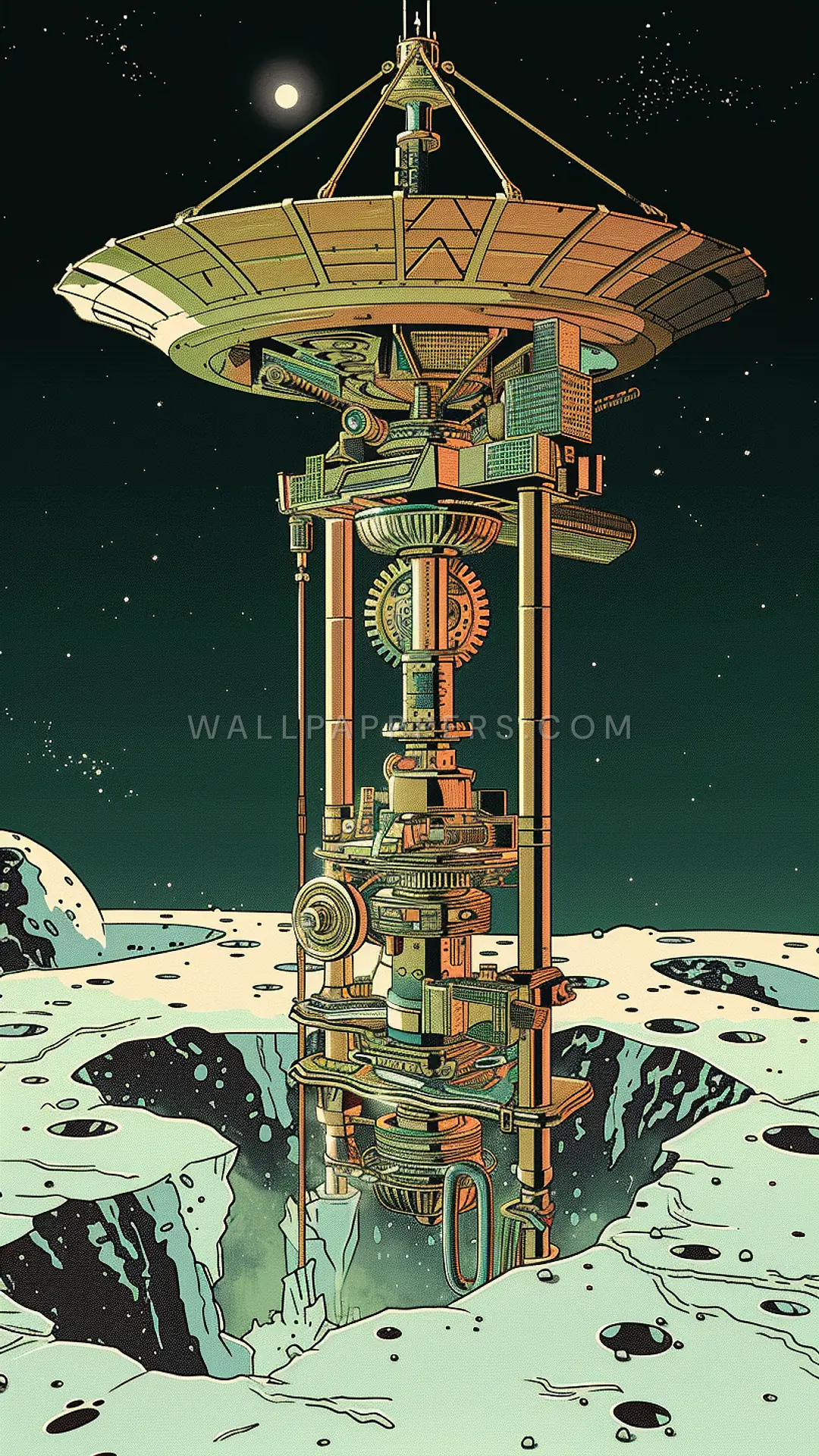 Lunar Radio Dish Array, AI-generated steampunk phone wallpaper