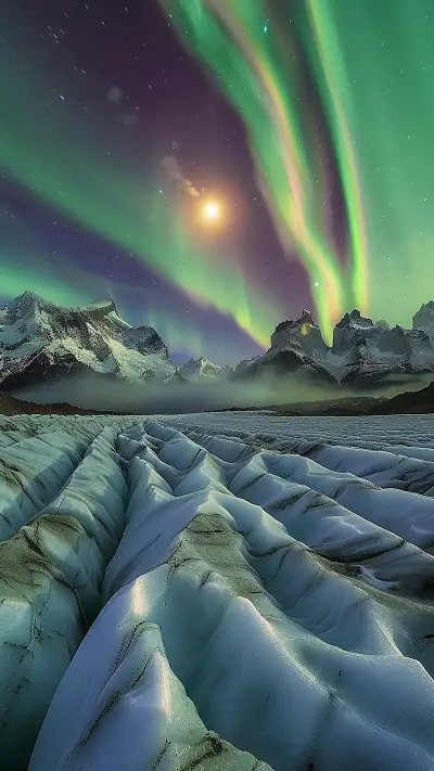 Aurora Over Patagonian Ice Field, AI-generated aurora phone wallpaper