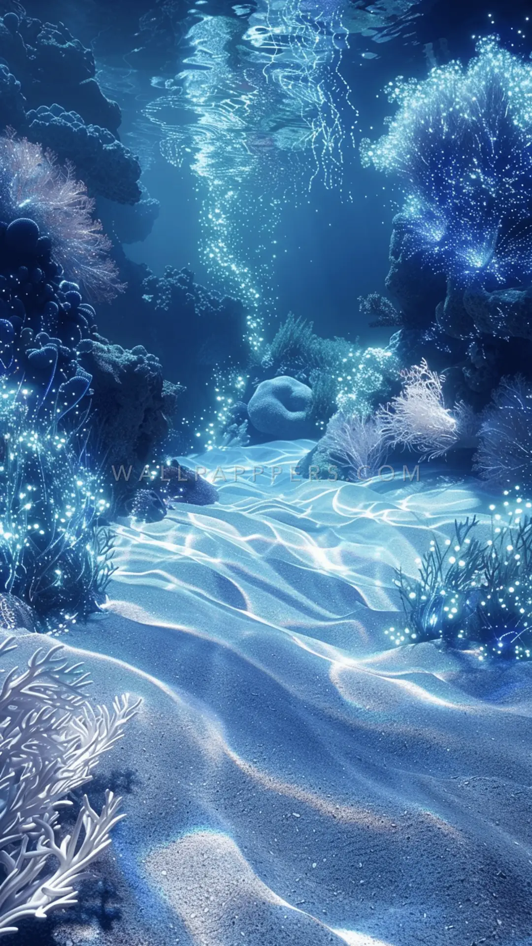 Illuminated Underwater Coral Scene, AI-generated underwater phone wallpaper
