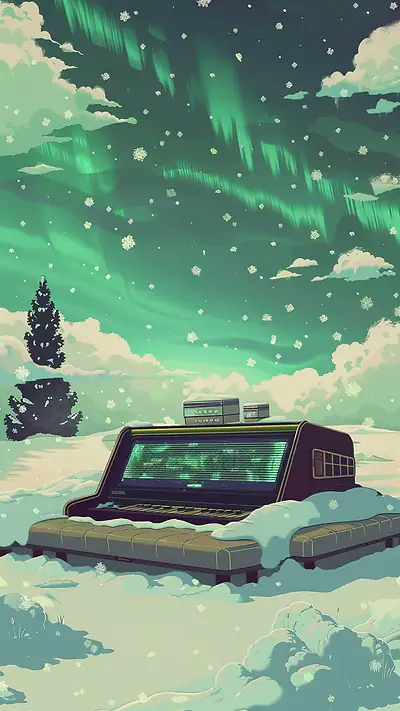 Karaoke Box in Snowfield, AI-generated retro phone wallpaper