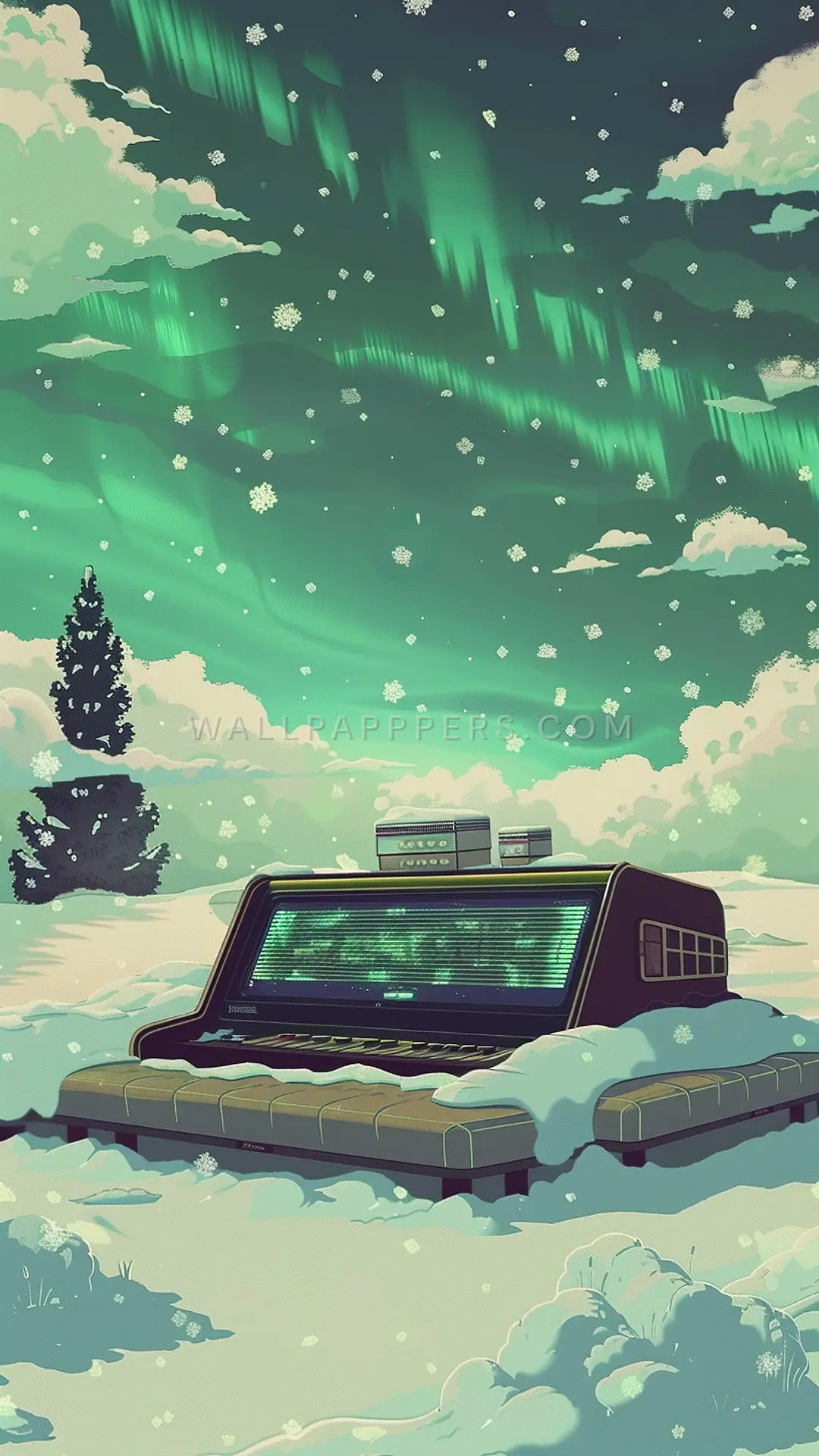 Karaoke Box in Snowfield, AI-generated retro phone wallpaper
