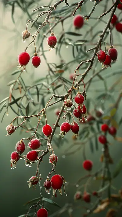Glistening Rosehips on Branches, AI-generated flora phone wallpaper