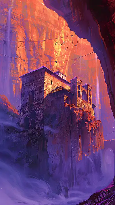 Monastery Beneath Overhang, AI-generated fantasy phone wallpaper