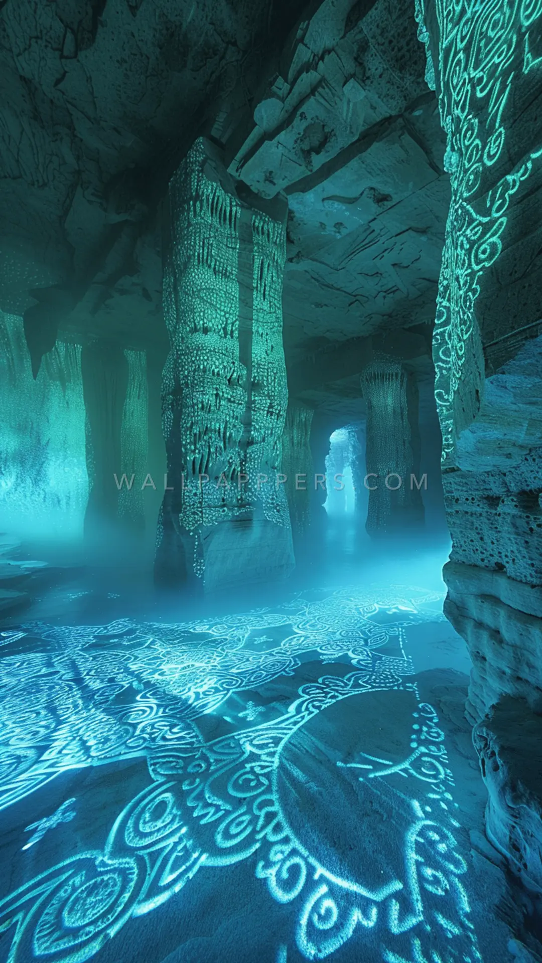 Ethereal Underwater Cave Patterns, AI-generated fantasy phone wallpaper
