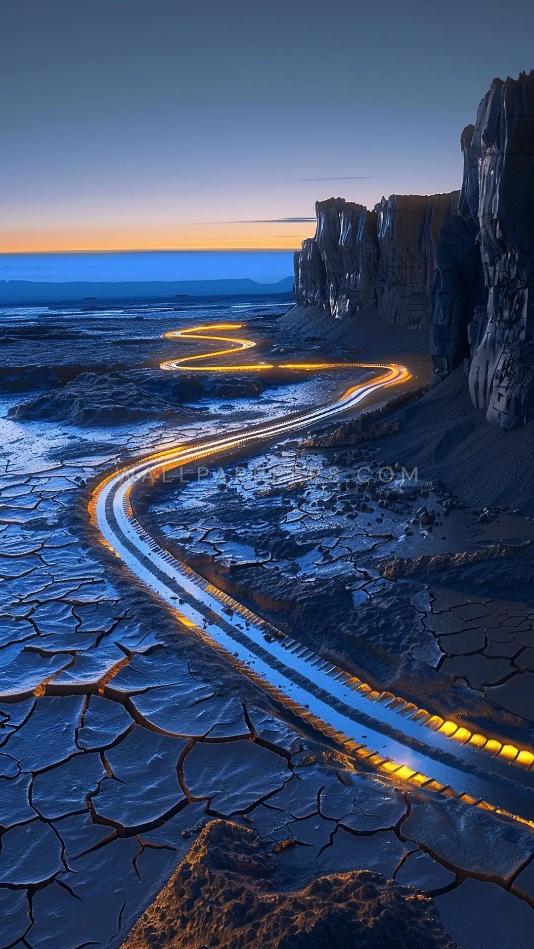 Winding Path on Distant Planet, AI-generated sci-fi phone wallpaper