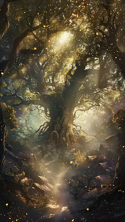 Colossal Tree and Village, AI-generated surreal phone wallpaper
