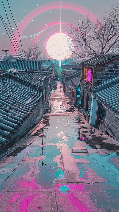 Hutongs of Beijing, AI-generated urban phone wallpaper