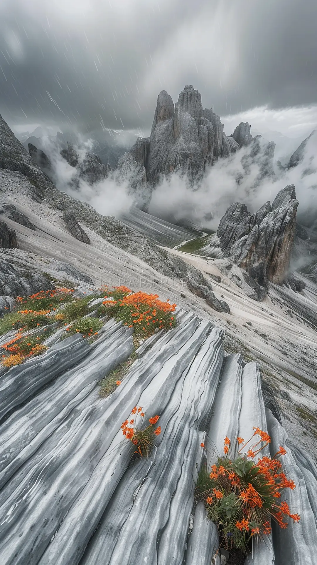 Dolomites Under Cloudy Skies, AI-generated weather phone wallpaper