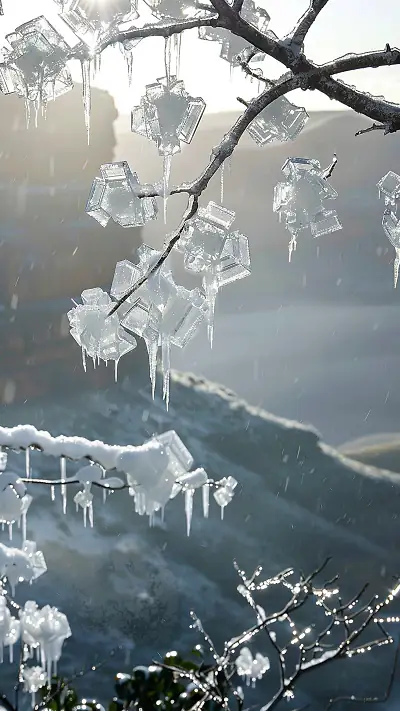 Icicles on Branches, AI-generated crystals phone wallpaper
