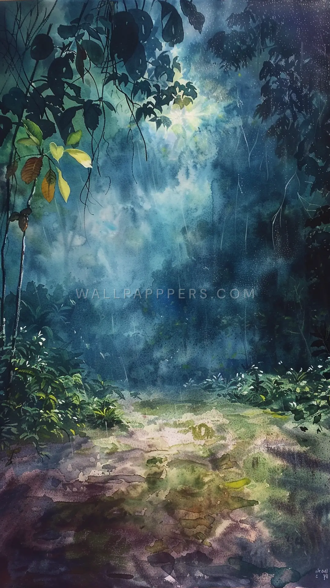 Moonlit Rainforest Path, AI-generated nature phone wallpaper