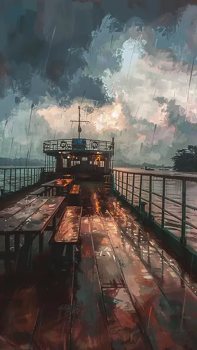 Mekong Ferry Deck, AI-generated retro phone wallpaper