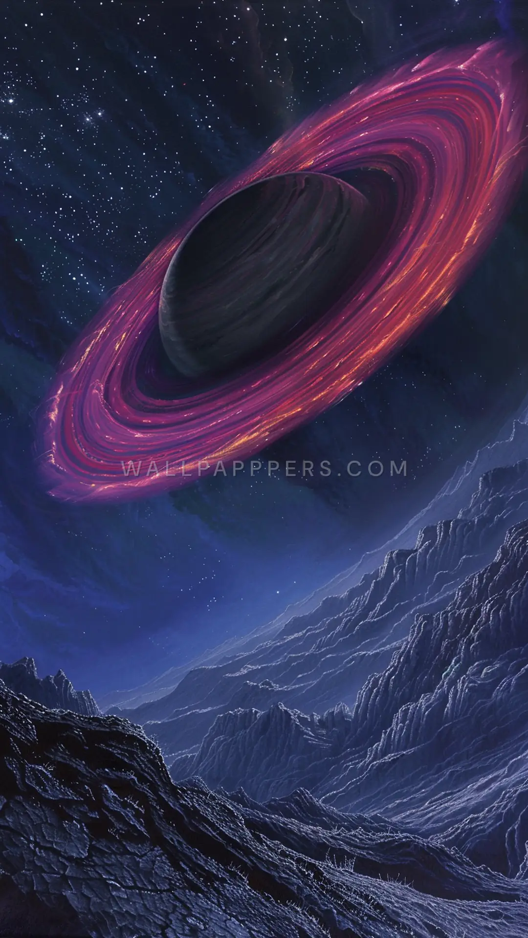 Gas Giant with Rings, AI-generated sci-fi phone wallpaper