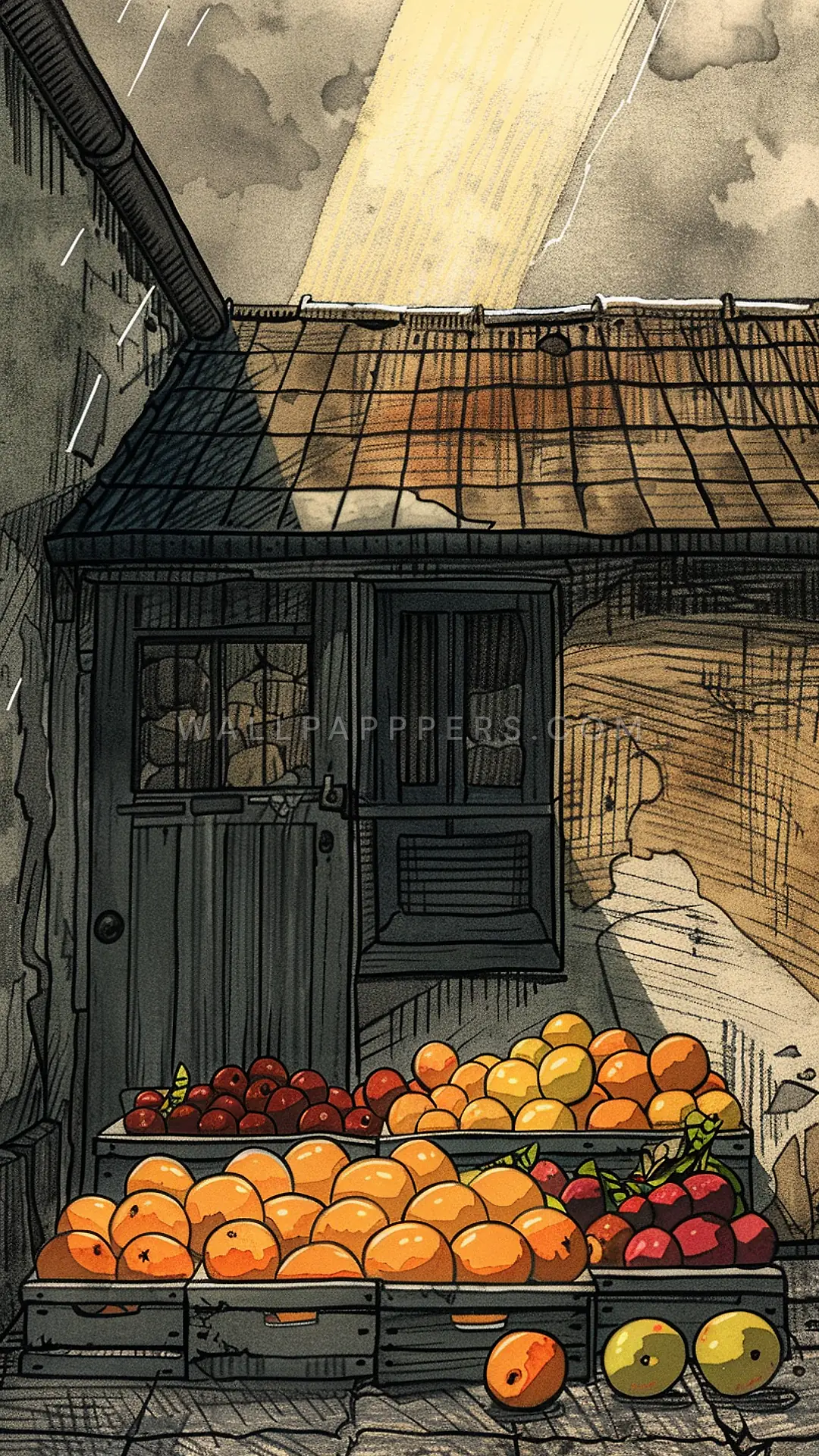 Vibrant Fruit Corner Store, AI-generated food phone wallpaper