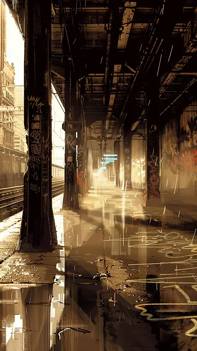 Abandoned Transit Platform, AI-generated cyberpunk phone wallpaper